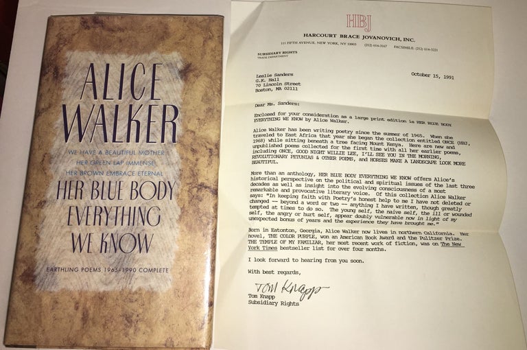 Item #13515 HER BLUE BODY EVERYTHING WE KNOW. Earthling Poems 1965-1990 Complete. Alice Walker.