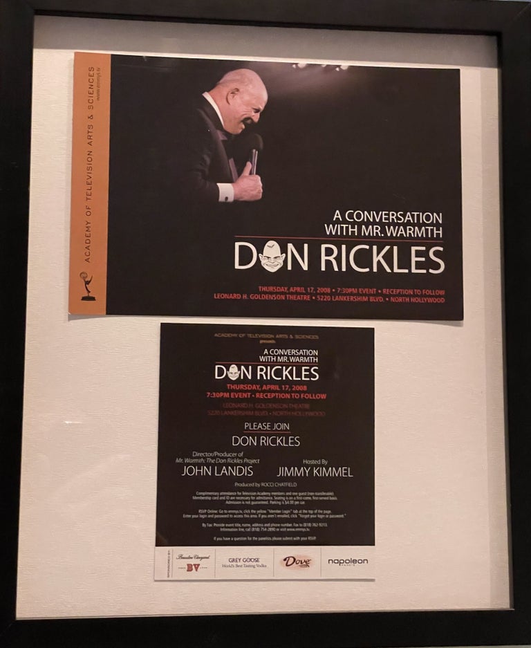 Item #14765 A CONVERSATION WITH MR. WARMTH. Don Rickles & John Landis Hosted by Jimmy Kimmel. Two Printed Announcements of this Event Held April 17th, 2008. Don Rickles, John Landis.